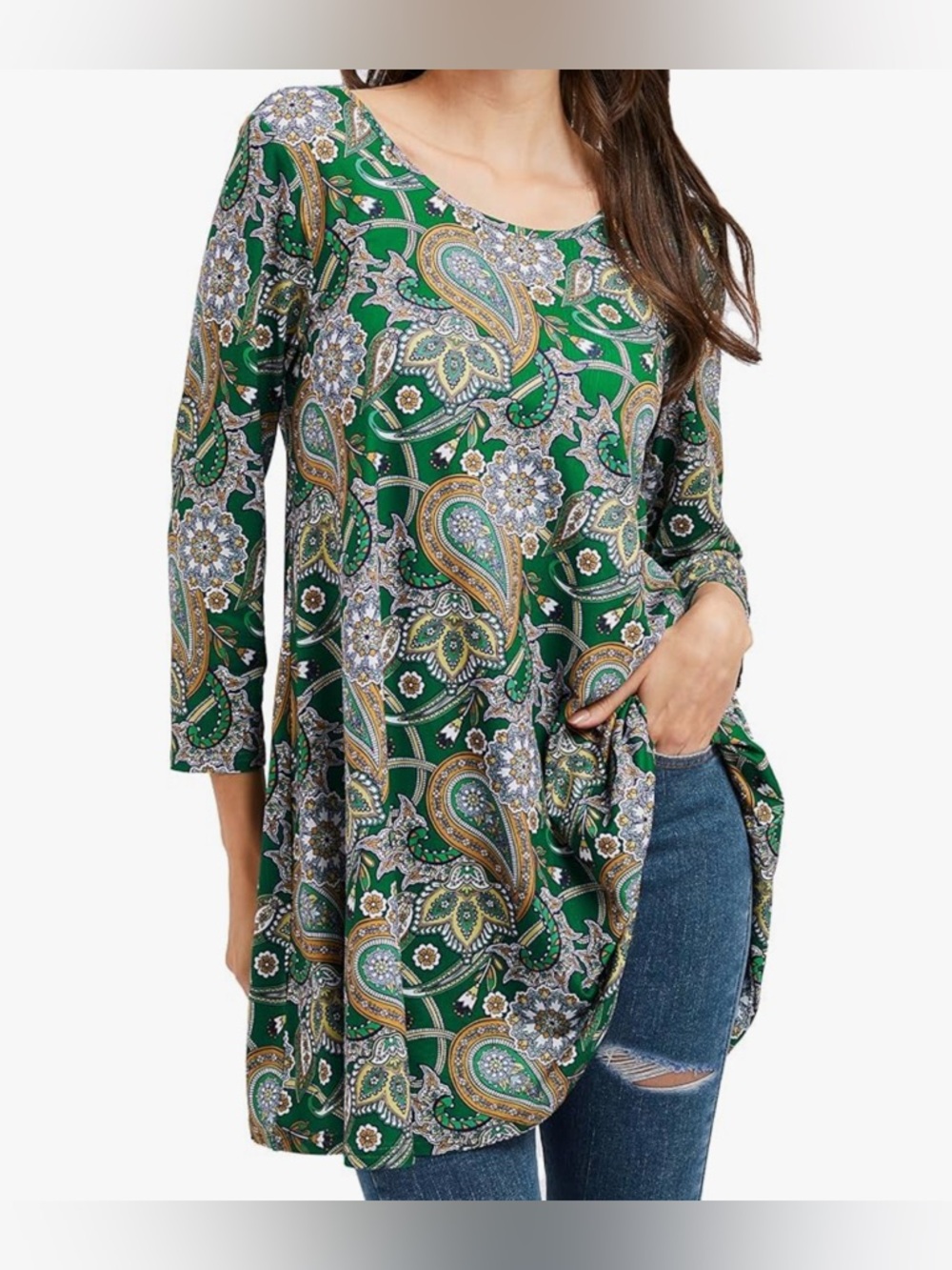 MWT- 2XL Gold Paisley 3/4 Sleeve Tunics Dressy Casual Loose Blouses Swing Flare - Picture 6 of 10